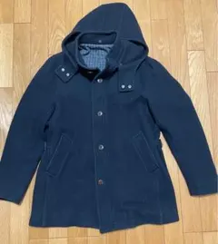 メンズ　ネイビー フード付き ウールコート