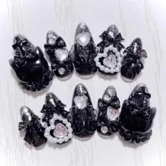 No.586　ネイルチップ 量産型 地雷系 サブカル 平成女児 猫 黒 ブラック