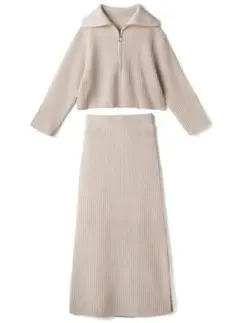 t6【GRL】ジップニットトップスXサイドスリットスカートニットセットアップ　S