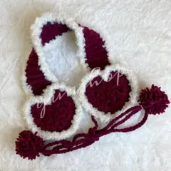 赤×白　ハート型イヤーマフ　耳あて　ヘッドドレス　編み物　手編み　キラキラ