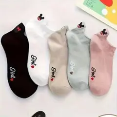 5ペア ミッキー刺繍 ショートソックス カジュアルウェア 通気性生地 洗濯機可
