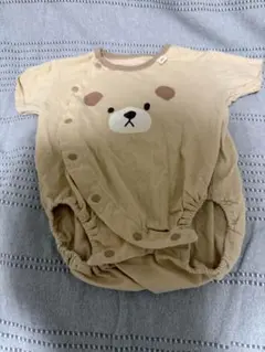 ベージュ クマの顔ロンパース 60-70 ベビー　半袖