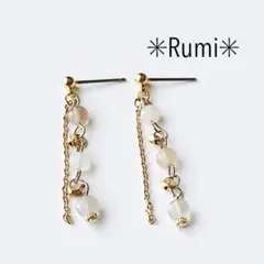 【一点物】金属アレルギー対応　ピアス　チェーンと天然石のダブルラインピアス