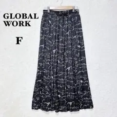 グローバルワーク サテン フレアスカート ロング丈 F 黒 総柄 ウエストゴム