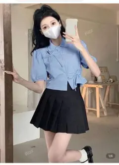 水色 パフスリーブ シャツ 夏 無地