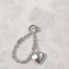 91 携帯ストラップ　ビーズストラップ　ビーズキーホルダー　シルバー　ハート