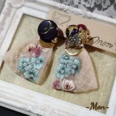 インド刺繍リボンタッセル×ボタンピアス 2way