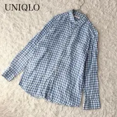 【L】ユニクロ　長袖シャツ　ギンガムチェック　リネン　麻100　青×白のサムネイル