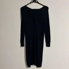 ネイビー Vネック ボタン付き ロングニットワンピース　カーディガン