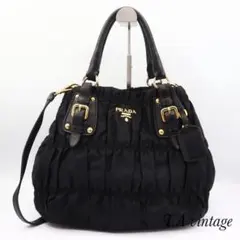 美品　プラダ　ギャザー　レザー　2way ハンドバック　ブラック