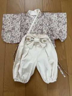 ベビー袴　花柄着物風セット（リボン付き）　60〜70サイズ