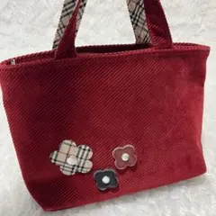 希少　美品　バーバリーロンドン　コーデュロイ　赤　ハンドバッグ　花　ノバチェック