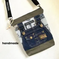 032.カーキ帆布　ショルダーバッグ　デニムリメイク　スマホポーチ