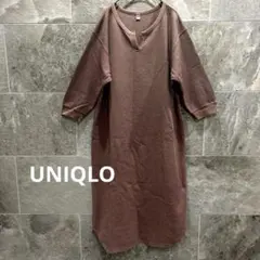 UNIQLO ユニクロ ワッフルクルーネックワンピース 七分袖 ピンク系 L