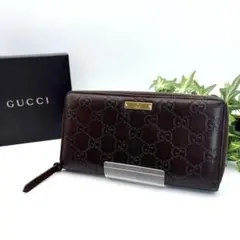 GUCCI グッチシマレザー GG ラウンドファスナー 長財布 ダークブラウン