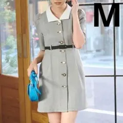 REDYAZEL チェック柄白襟ワンピース 夏秋ガーリー レトロ古着風 上品 M