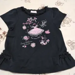 メゾピアノ 半袖 Tシャツ 黒 130cm いちご リボン ハート 刺繍 重ね着