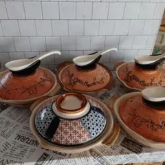 1人用土鍋 5個セット 陶器 鍋料理 煮込みうどん　鍋用　レンゲ付き