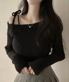 レディースカジュアル無地リボンタイト 長袖 ブラック