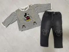 プティマイン　ミッキーマウス 長袖カットソーとデニムパンツ セット