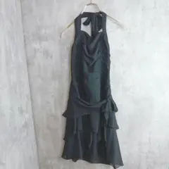 【レストローズ】日本製　黒のパーティドレス　ナイトドレス　フレア　ミモザ丈　M