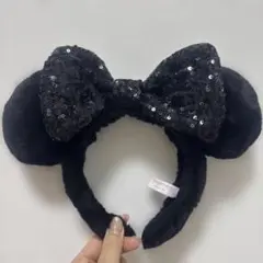 ミニー カチューシャ ブラック スパンコールリボン 黒 ファー