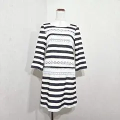 Peca　ボーダーワンピース　レース切替　七分袖（9）モノクロ系