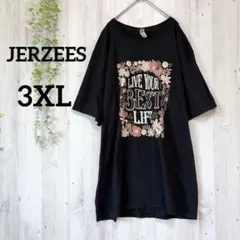 ジャージーズ 花柄 Tシャツ クルーネック 半袖 ビッグサイズ 黒 綿3XLのサムネイル