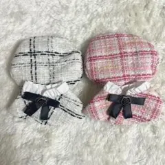 ぬい服 ケープ ポンチョ ベレー帽 チェック ツイード ピンク 白 セット