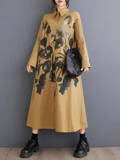 美品】INGEBORG リボン刺繍シャツワンピース フリーサイズ マスタード