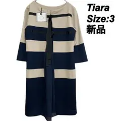 Tiara ティアラ【新品】ワンピース 膝丈　L ベージュxネイビー　リボン