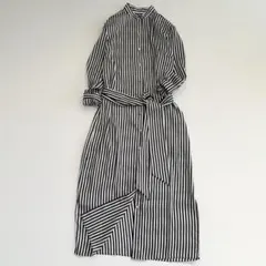 ローレンラルフローレン　ノーカラーシャツワンピース　金ボタン　とろみ　ストライプ