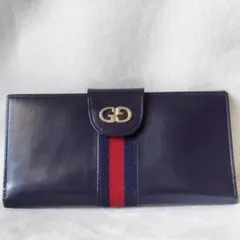 【希少/美品】オールドグッチ 長財布 シェリーライン ネイビー レザー GG