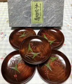 木製植物模様皿5枚セット(箱無し)のサムネイル