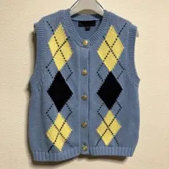 ZARA水色 アーガイル柄 ニットベスト金ボタン 水色✖️クリーム色✖️紺✖️緑♡M♡