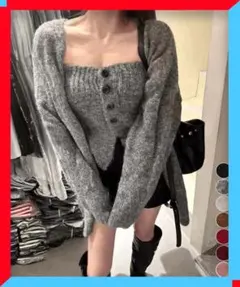 新品ニットアンサンブルベアトップニットカーデ セットアップニット きれいめニット