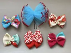 《457》七五三　髪飾り　ヘッドドレス　着物リメイク　水色赤　アンティークレトロ