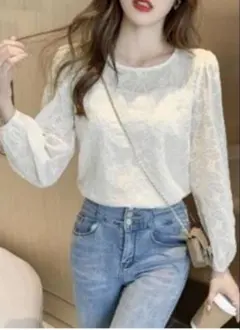 SHEIN 花柄レース 長袖ブラウス ホワイト
