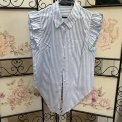 ストライプ柄フリルノースリーブシャツ M