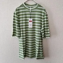 【新品】Zengjo リブトップス ボーダー 5分袖 二の腕カバー 緑×白 L