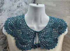 つけ襟　20番レース　青緑　スカラップ　花モチーフ　ハンドメイド　レース編み