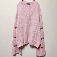 SHEIN【L】ピンク リブ ニット セーター ハート ビッグシルエット 秋冬春のサムネイル