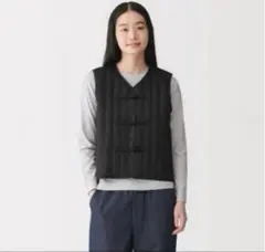 木の実から作ったカポック混　結び釦　中わたベスト　ブラック 婦人L