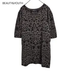 BEAUTY&YOUTH ウール100%半袖ニット 長め丈 総柄 ブラウン
