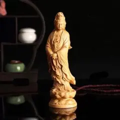 木彫 観音菩薩立像 蓮華座 仏像 観音菩薩立像 置物 縁起物 仏教美術