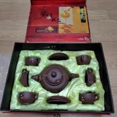 中国茶器セット 陶器製 急須と茶碗　茶托　中国土産　5客