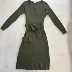 GU オリーブグリーン リブ編み 長袖ニットワンピース