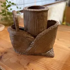 陶芸 焼き物 花瓶 壺 籠型 昭和 레트로