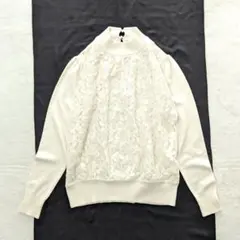 エムプルミエ　ハイネックニット　レース　ギャザースリーブ　ウール混　白　36