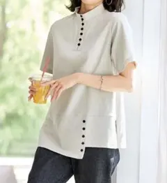 【新品未使用タグ付き】ベルーナ 多ボタンハイネック Tシャツ ペールグレーのサムネイル